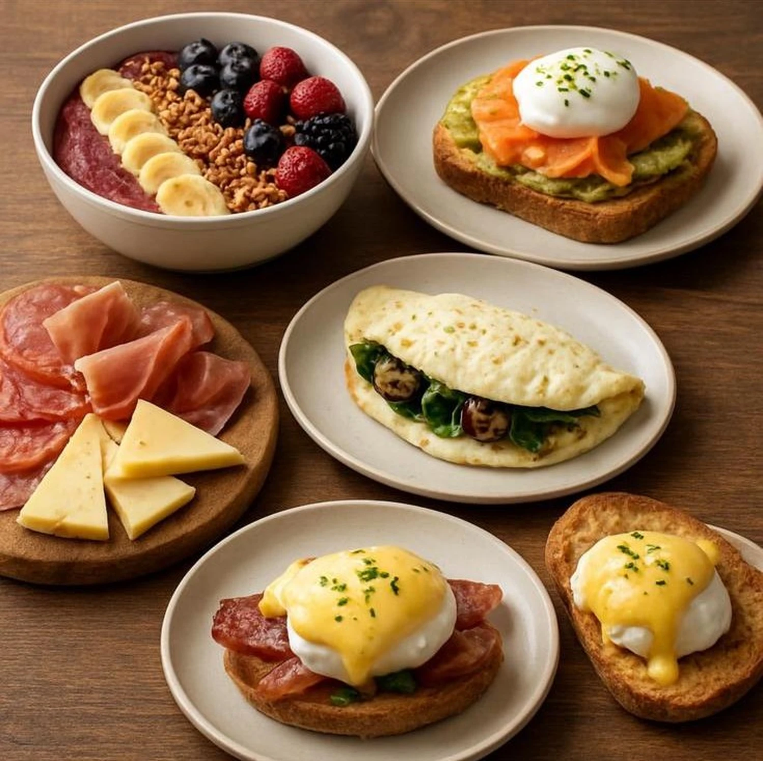 Caféhaus MARIA - Café - Dieses Frühstücksbuffet bietet eine Auswahl an Gerichten, darunter eine Acai-Bowl, Räucherlachs-Avocado-Toast, Eggs Benedict und eine Käse- und Fleischplatte.